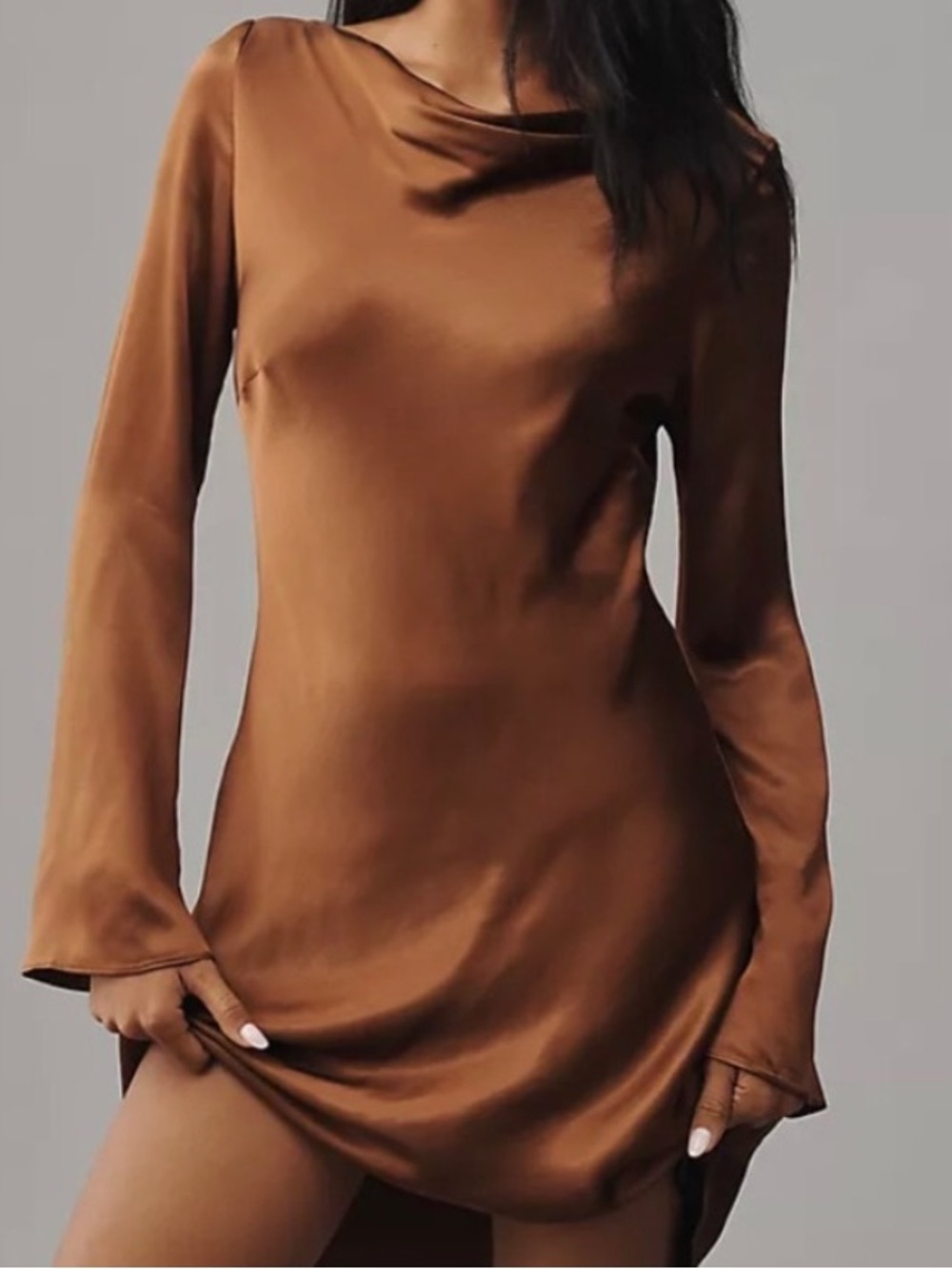 Anthropologie Satin Long-Sleeve Mini Dress in Brown